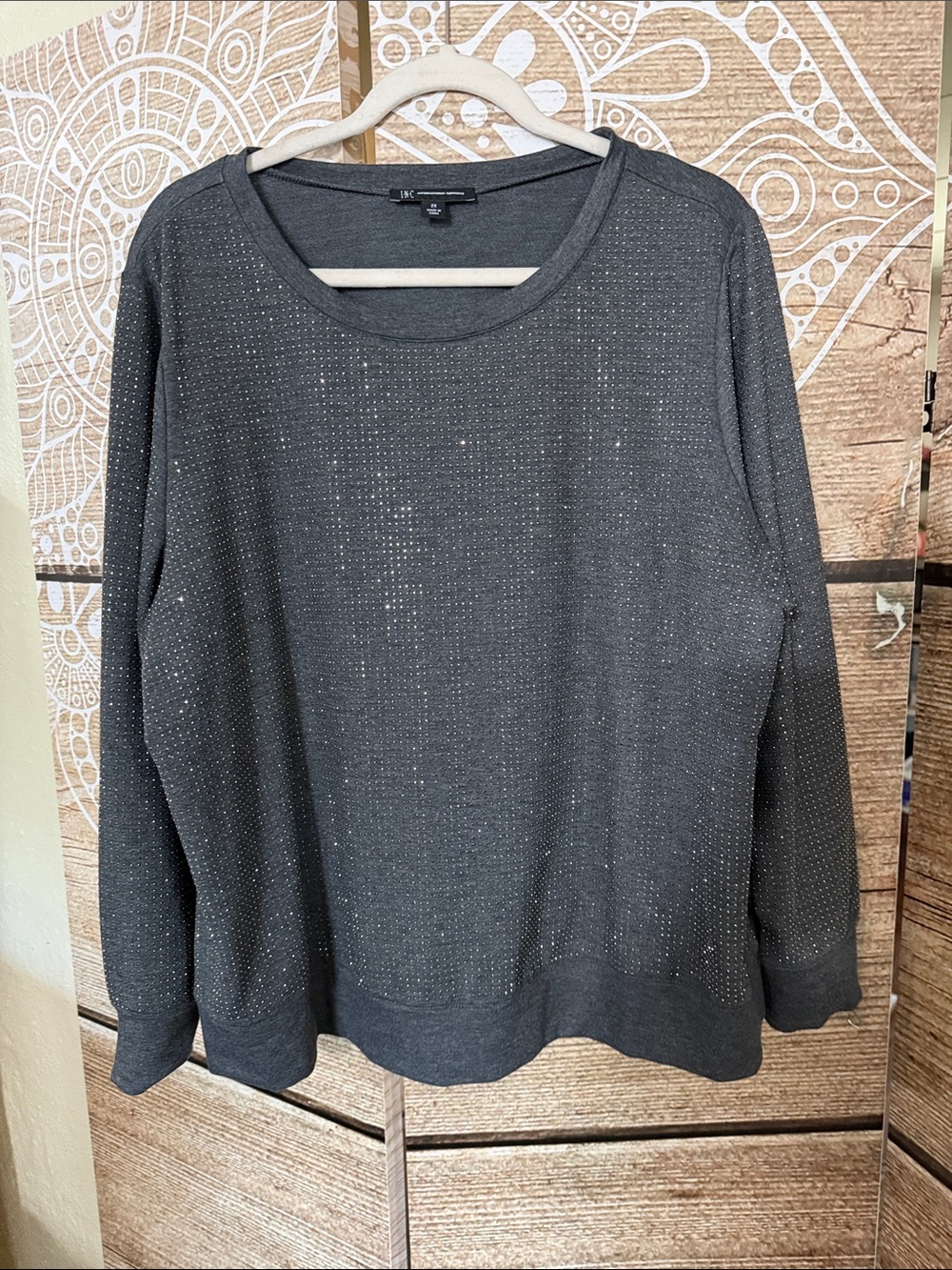 INC International Concepts Charcoal Crewneck Sweater with Subtle Metallic Dots